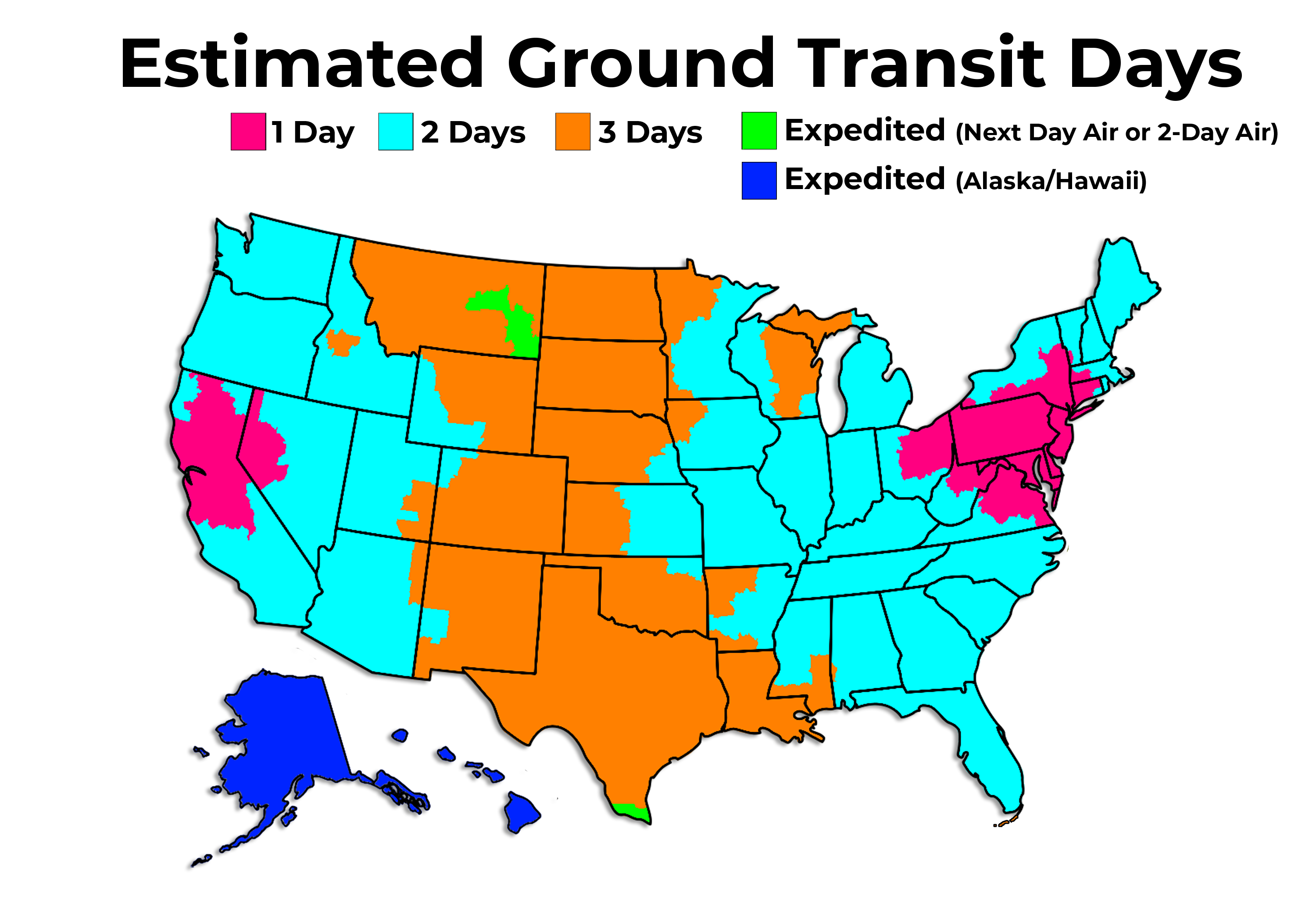 Estimated Ground Transit Days map of the United States showing 1 day, 2 days, 3 days or expedited shipping